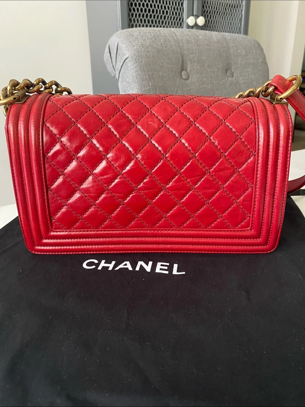 Chanel Boy Red Medium Bag Gold Hardware Comes Full Set: COA, Dust Bag, Box